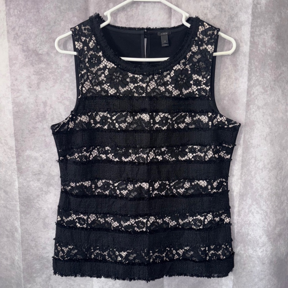 J.Crew Womens M Sleeveless Lace Tweed Fringe Shell Top Black Nude Keyhole Button